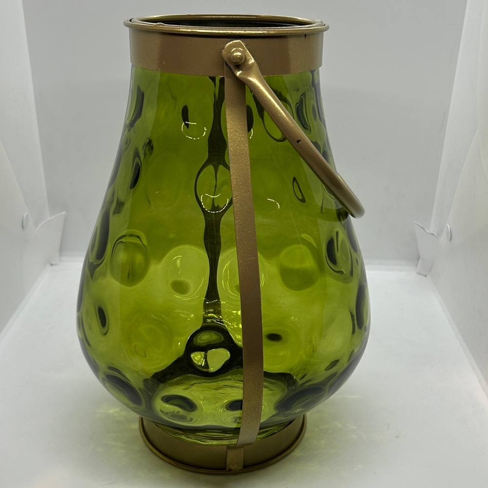 Green Glass With Gold Metal Handle Candle Holder 11” Decor - Picture 4 of 9